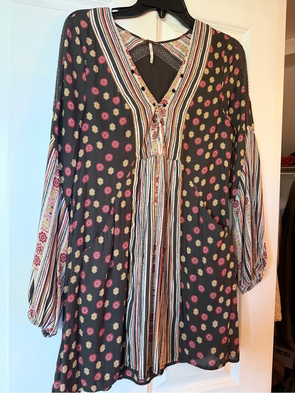 Free People Black Tunic Dress with Pink & Cream Medallions